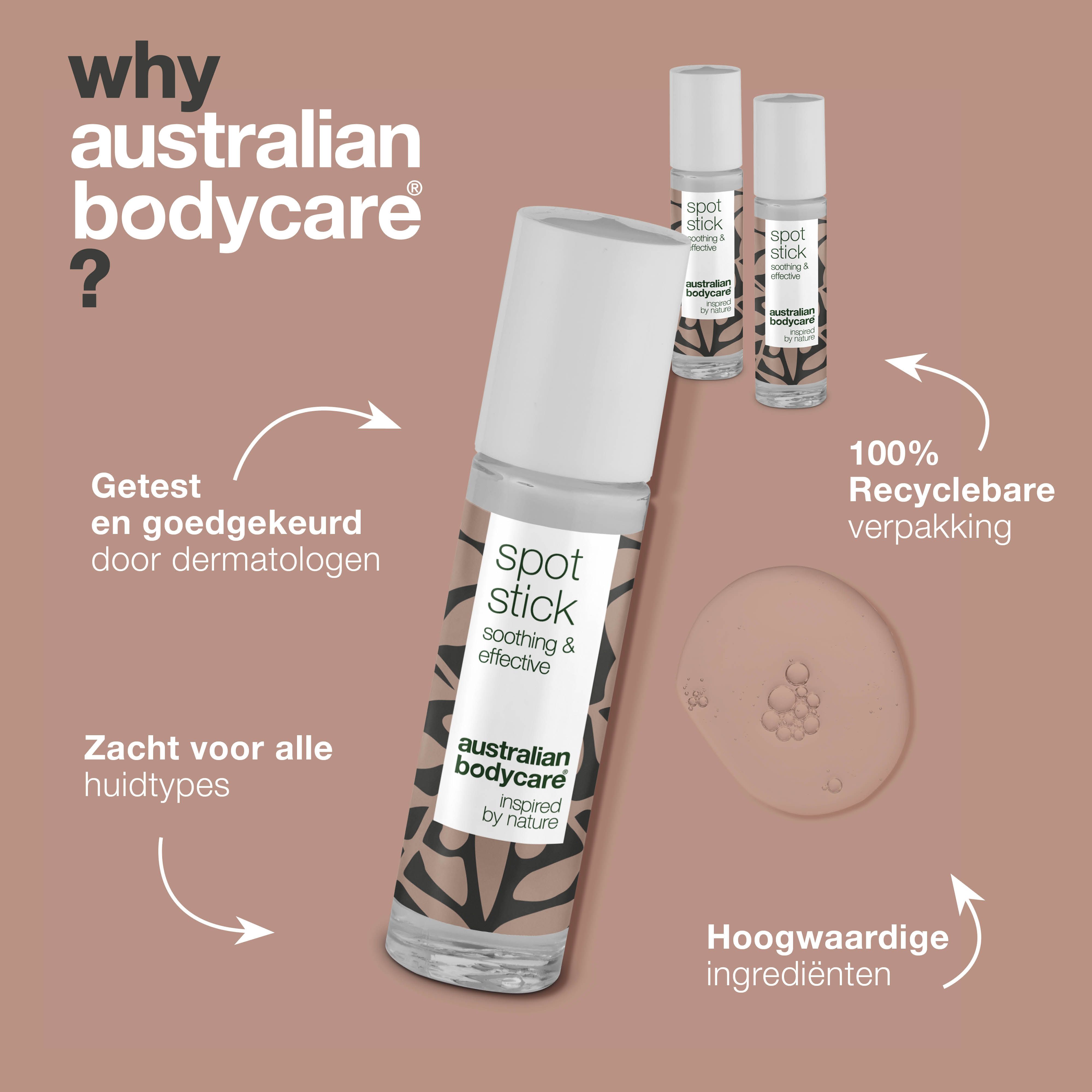 Drie Spot Stick flesjes. Tekst: Waarom Australian Bodycare? Getest door dermatologen.