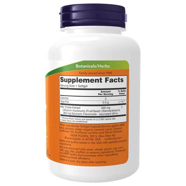 Dos de Now Foods Chardon-Marie Extra Fort 450 mg Softgels. Contient les informations nutritionnelles et les ingrédients.