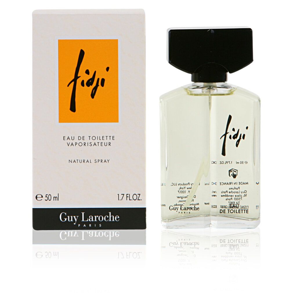 Fidji Eau de Toilette Spray van Guy Laroche. Fles en verpakking. Gele vloeistof in glazen fles met zwarte dop.