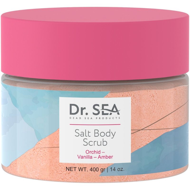 Pot met roze deksel. Opschrift: Dr. SEA, Salt Body Scrub, Orchidee & Vanille. Netto gewicht: 400 g.