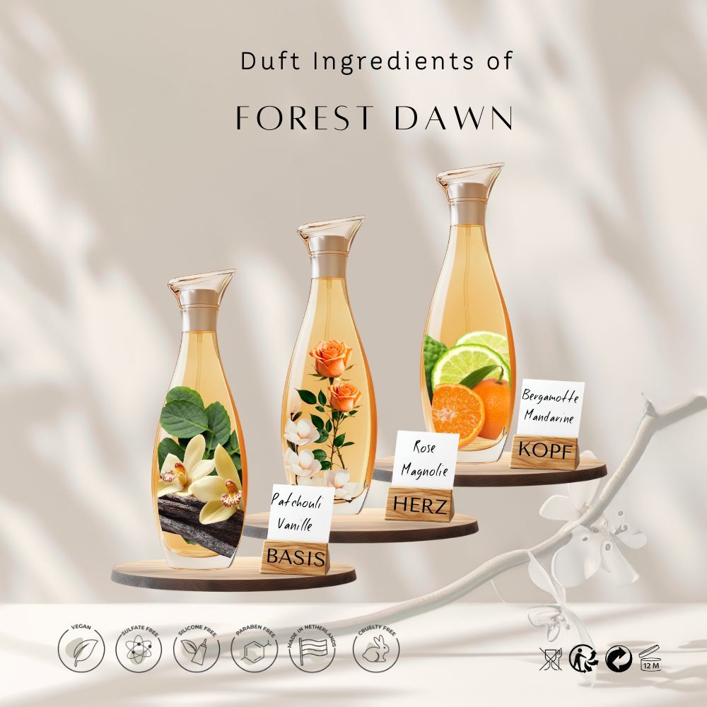 Trois flacons de parfum. Texte : Forest Dawn. Ingrédients : patchouli vanille, rose magnolia, bergamote mandarine. Logo végétalien.