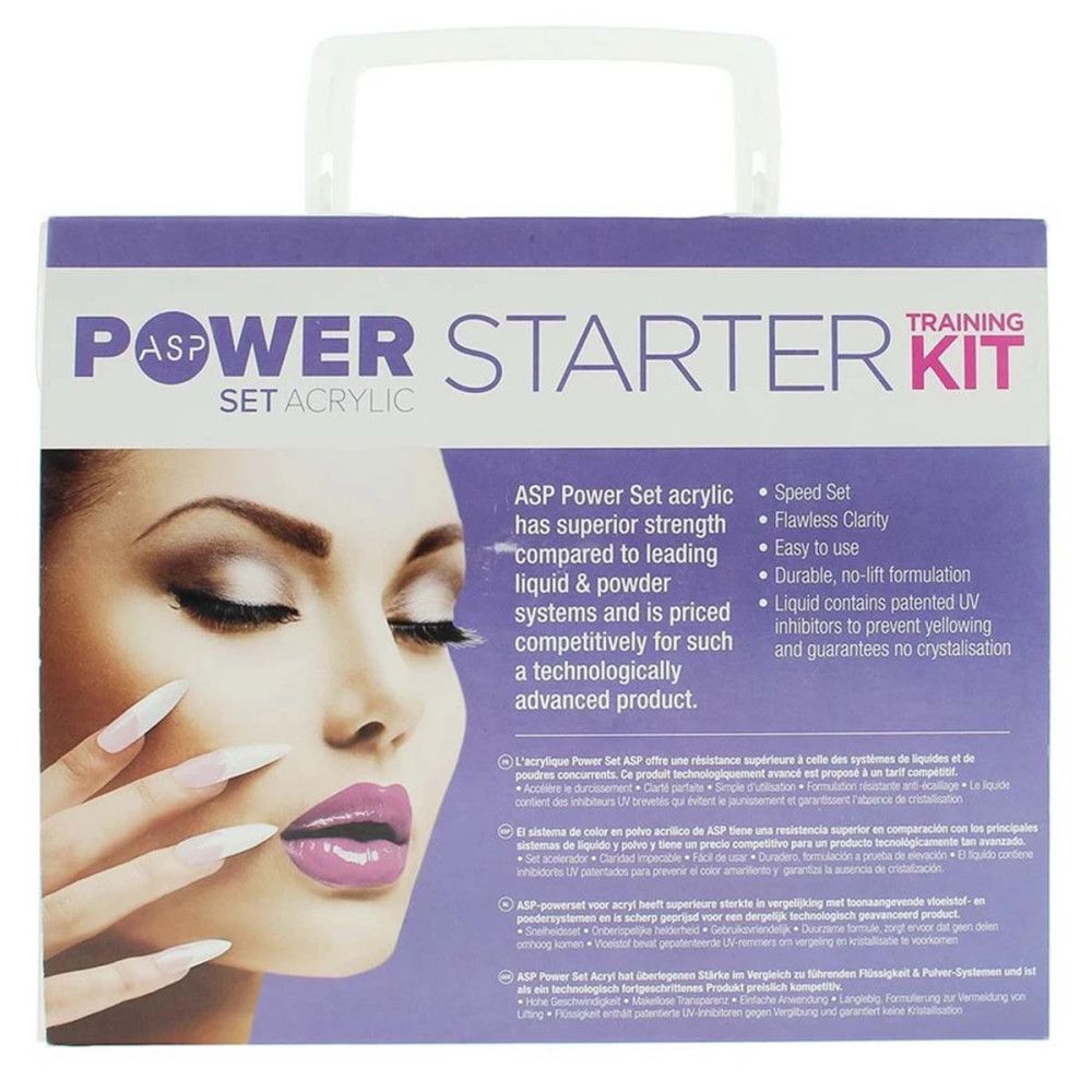Kit de formation ASP Power Set Acrylic. Mallette violette avec poignée, image du produit et texte. Contient des informations sur le produit.