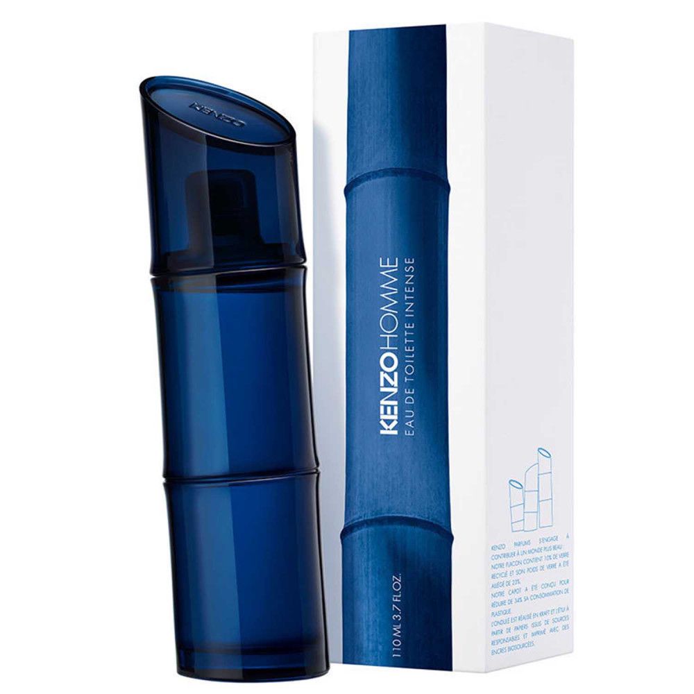 Kenzo Homme Intense Eau de Toilette. Flacon et emballage. Flacon bleu, boîte blanche avec motif bambou bleu.