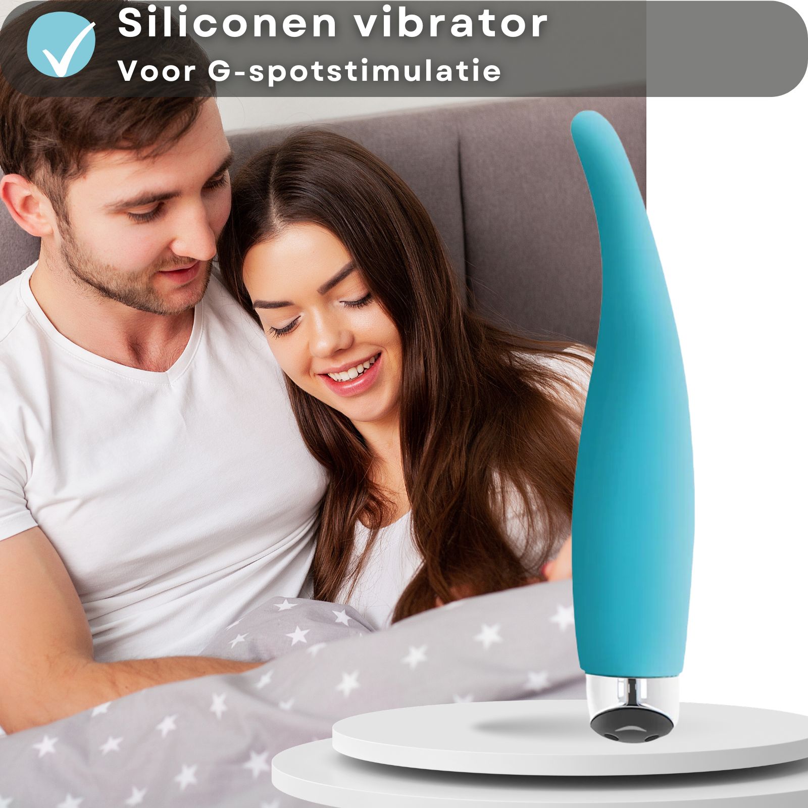 Blauwe vibrator. Tekst: 7 vibraties, USB oplaadbaar.