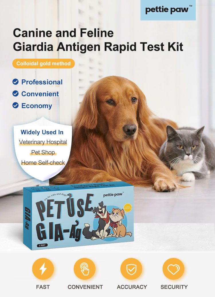 Verpakking voor Giardia-antigeen-sneltest voor honden en katten. Met hond en kat, tekst: PET USE GIA-Ag, pette paw.