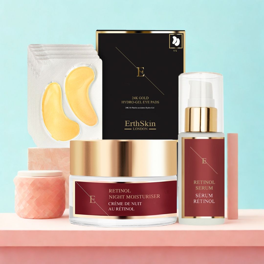 Ensemble de pads pour les yeux, crème de nuit et sérum. Pads dorés, flacons de crème et sérum étiquetés. Emballage noir avec logo.