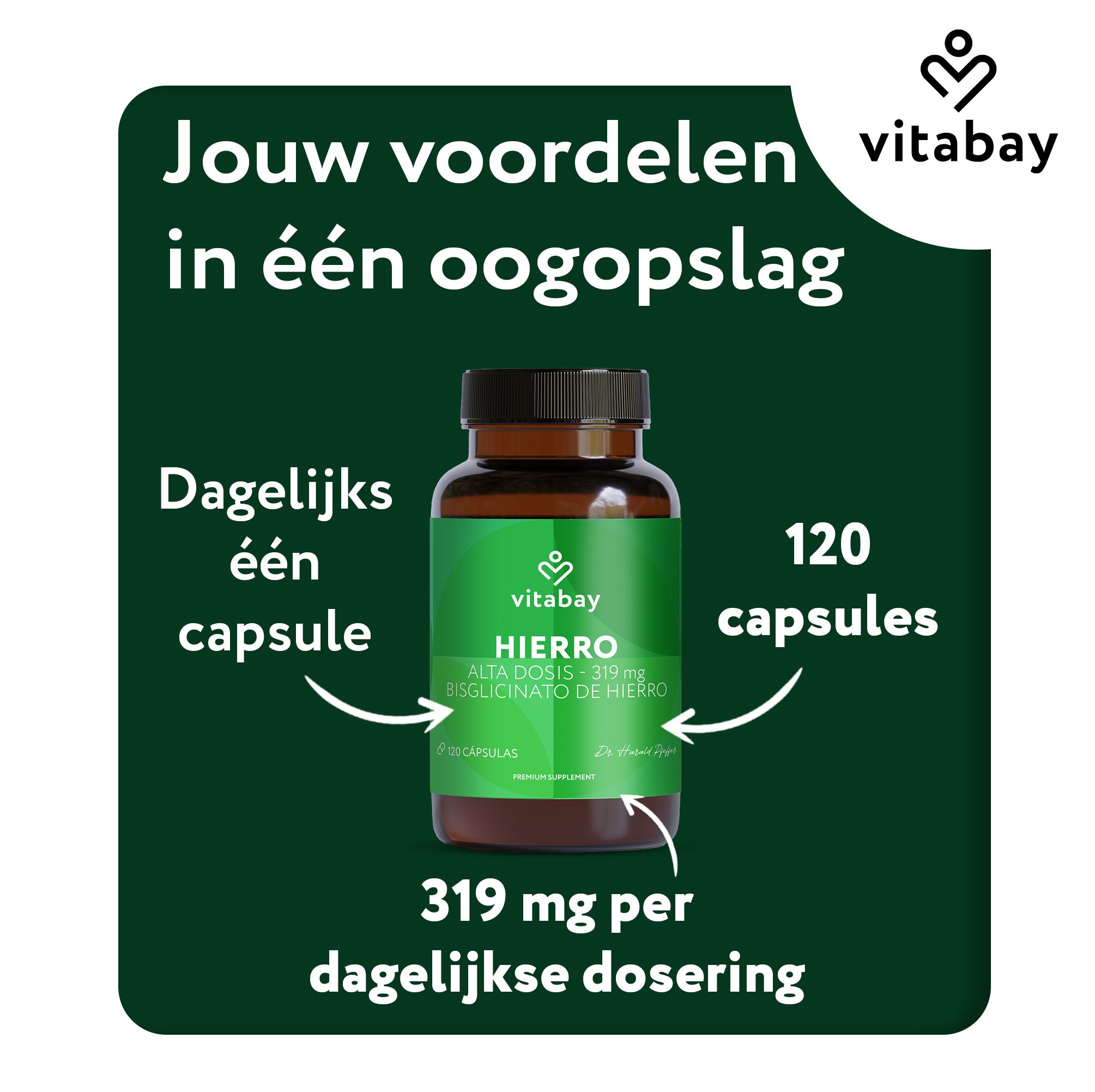 Vitabay oprichter Dr. med. Harald Pfeffer houdt twee potjes Vitabay IJzer Actief vast.