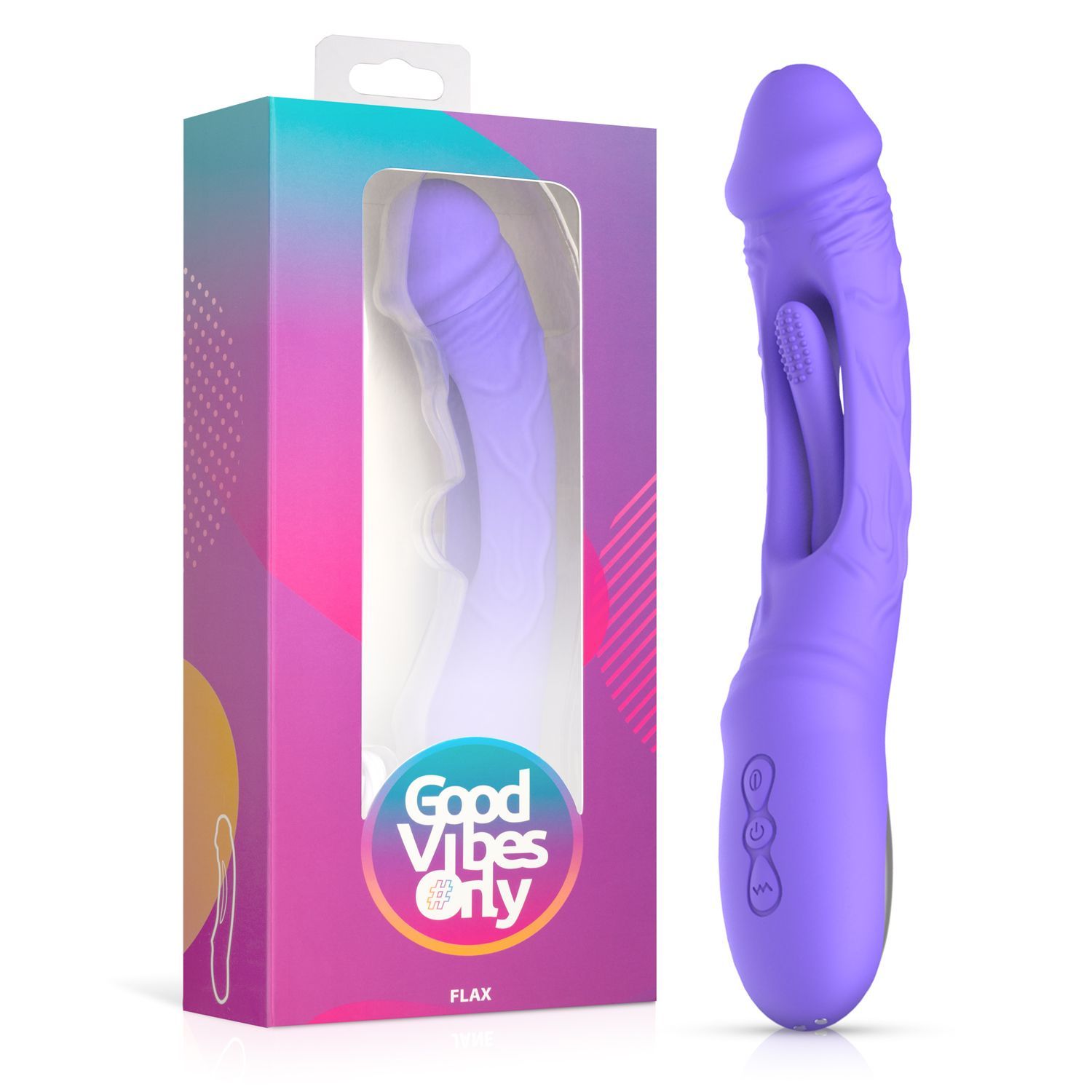 Vibrateur violet avec emballage. Emballage avec fenêtre, nom du produit et logo. Nom du produit : Flax.
