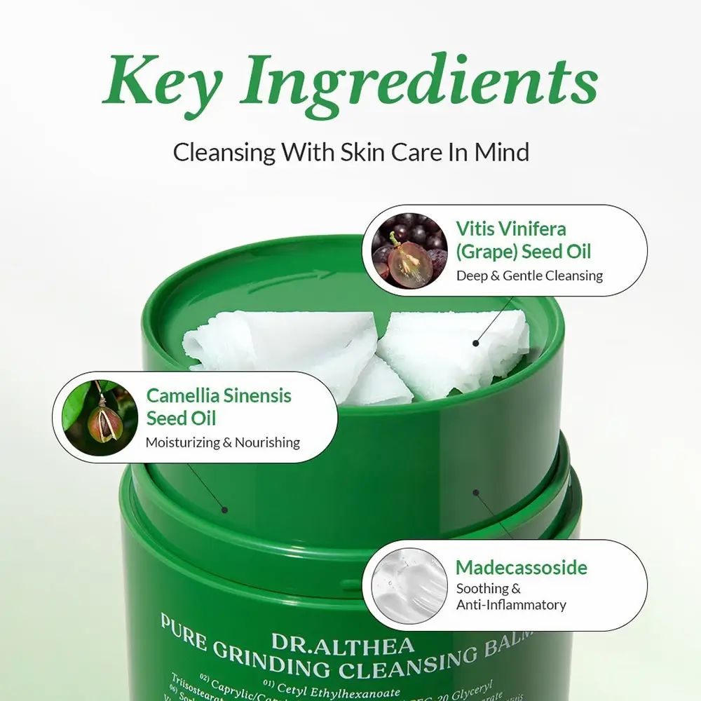 Contenant vert avec baume nettoyant. Texte : Pure Grinding Cleansing Balm. Ingrédients : huile de pépins de raisin, huile de graines de camélia, madécassoside.