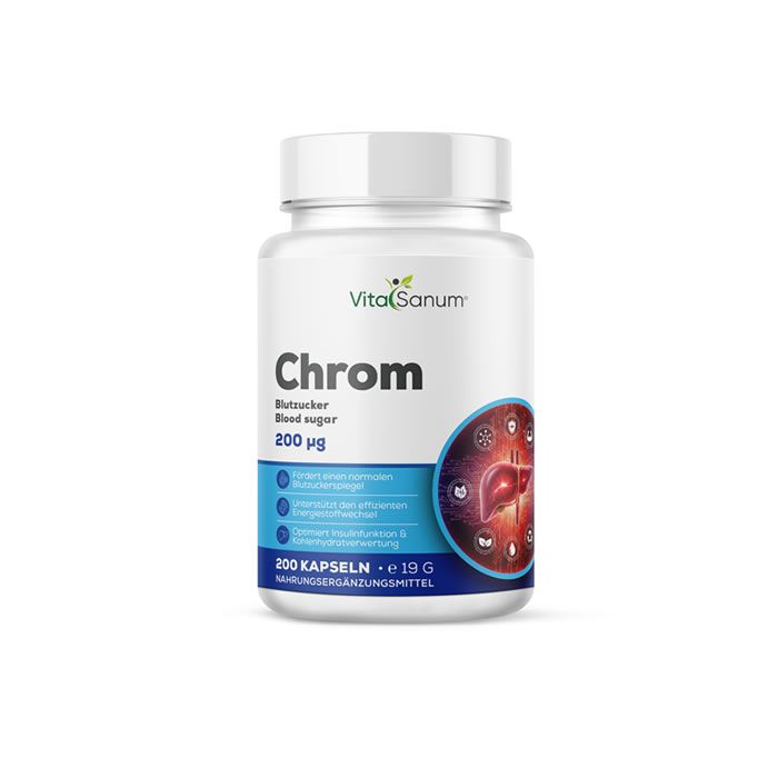 VitaSanum Chroom capsules (200 µg) in witte pot met blauwe band en lever-icoon.