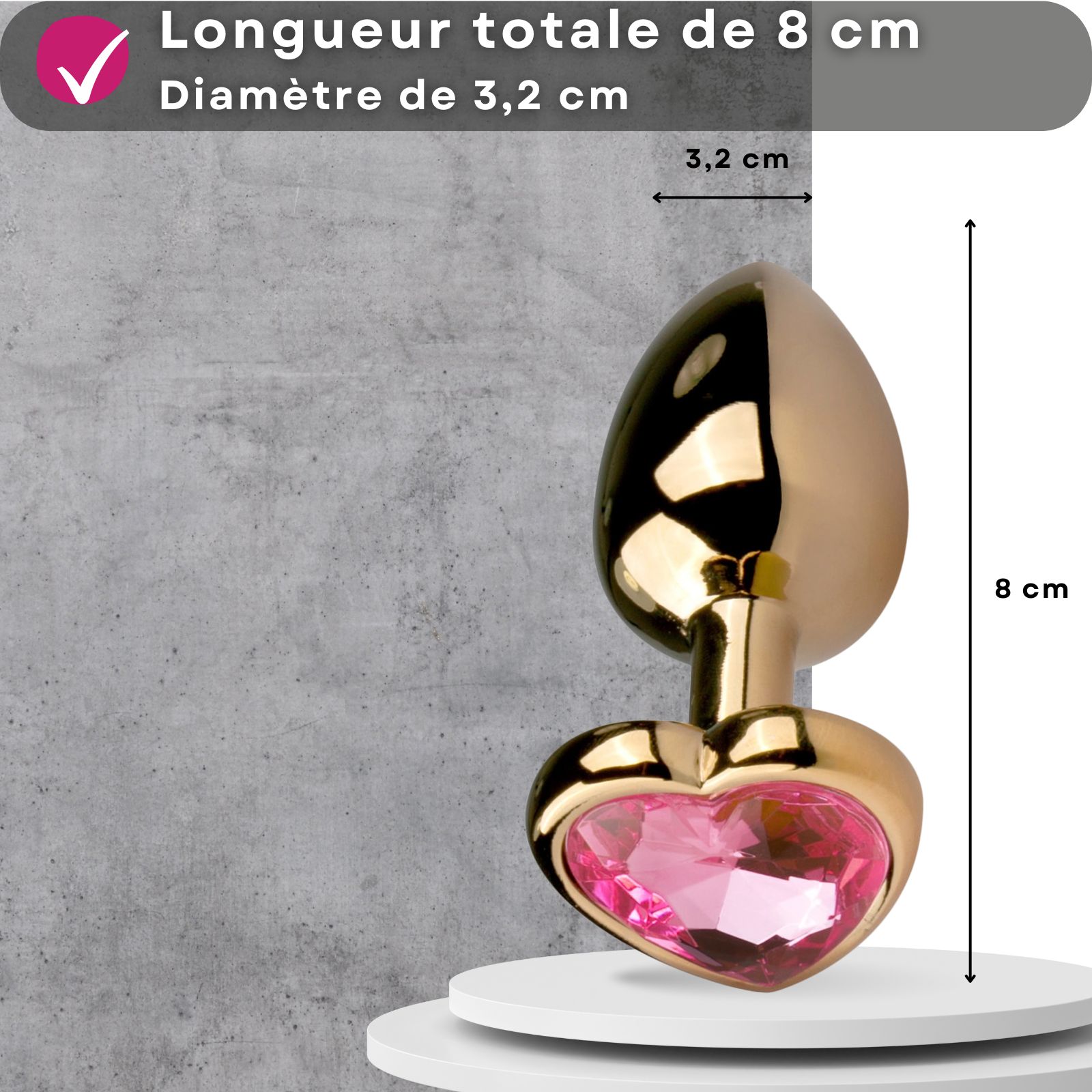Informations produit: Plug anal, couleur rose, longueur 7,8 ou 9 cm, métal, avec pierre décorative.