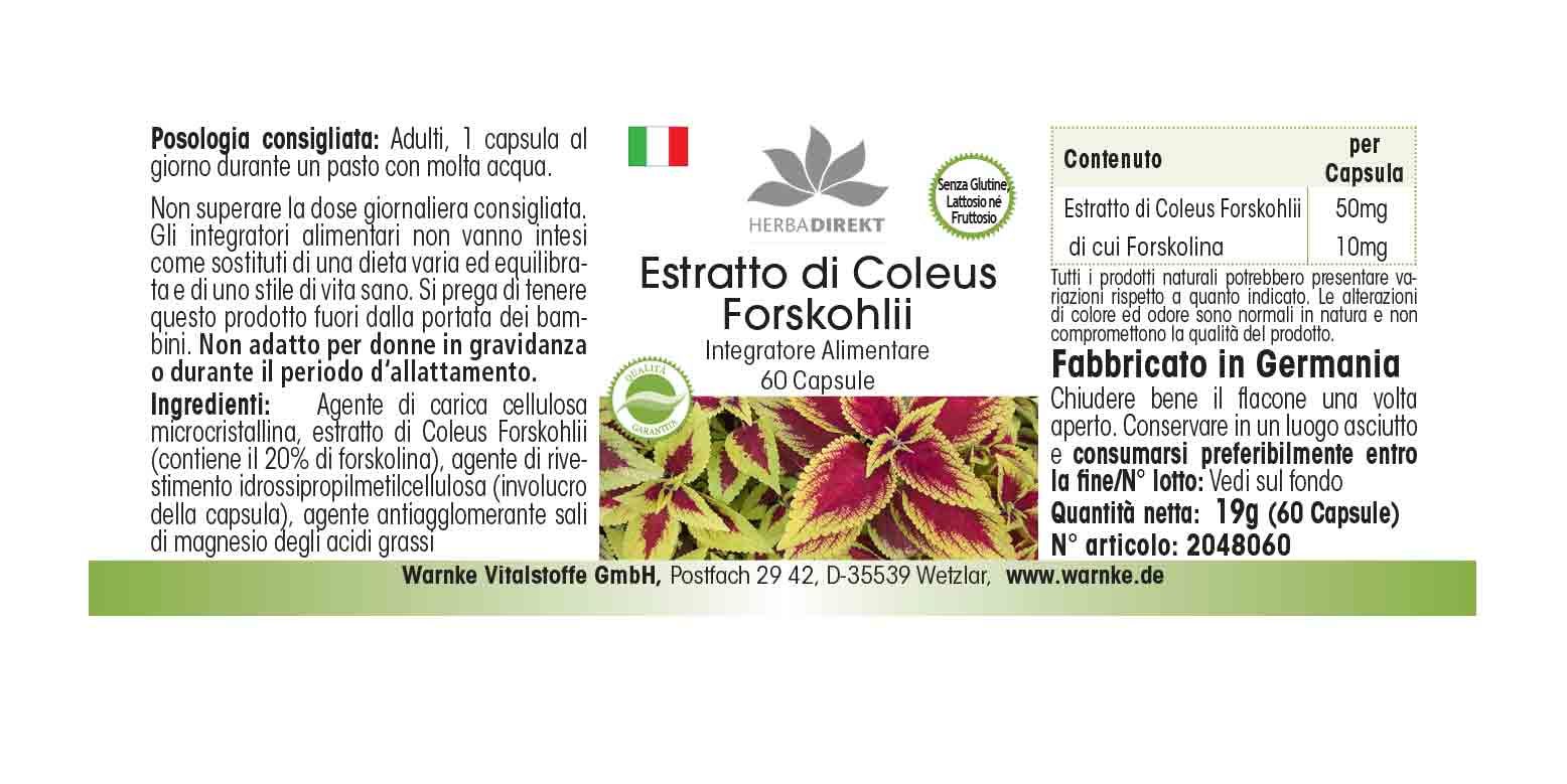 Label met tekst: Estratto di Coleus Forskohlii, 60 capsules. Herba Direkt logo. Zonder gluten, lactose en fructose.