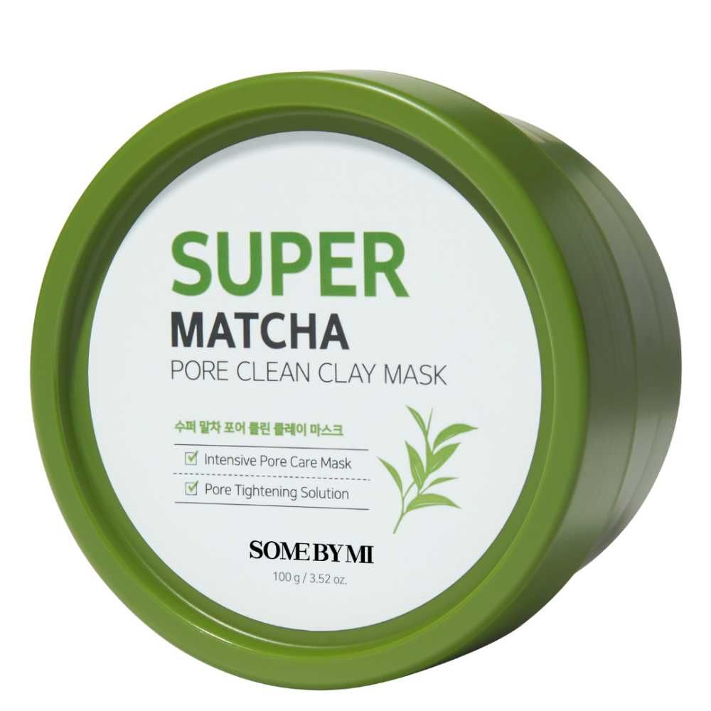 Groene container met opschrift: Super Matcha Pore Clean Clay Mask. Tekst op etiket. 100g/3.52 oz.