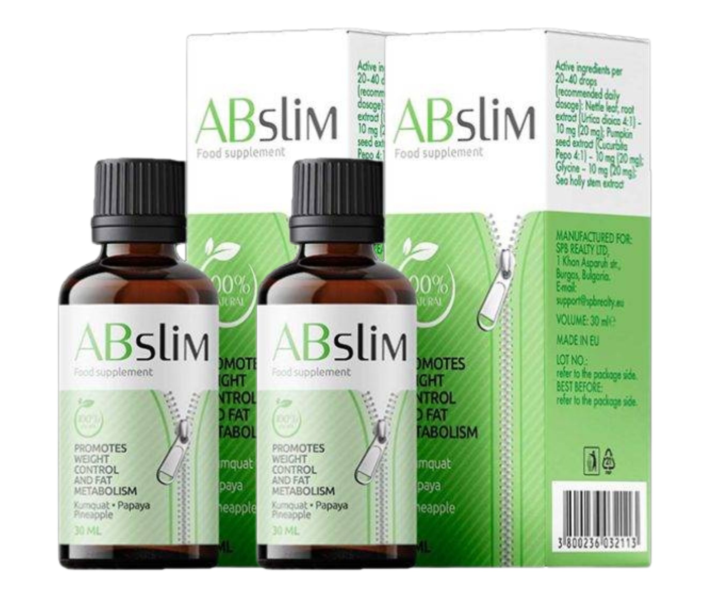 Twee flessen ABslim met verpakking. Bruine flessen, zwarte doppen. Opschrift: ABslim, voedingssupplement.