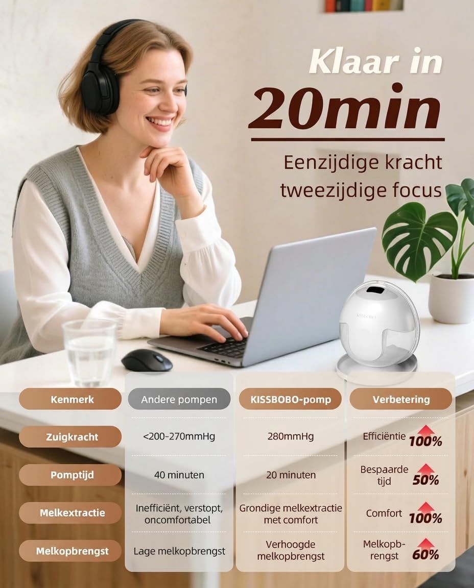 Vrouw met koptelefoon werkt aan laptop, naast een borstkolf en een plant.