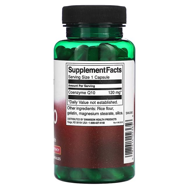 Groene fles met zwarte dop. Achterkant met "Supplement Facts" en "Coenzyme Q10 120 mg".