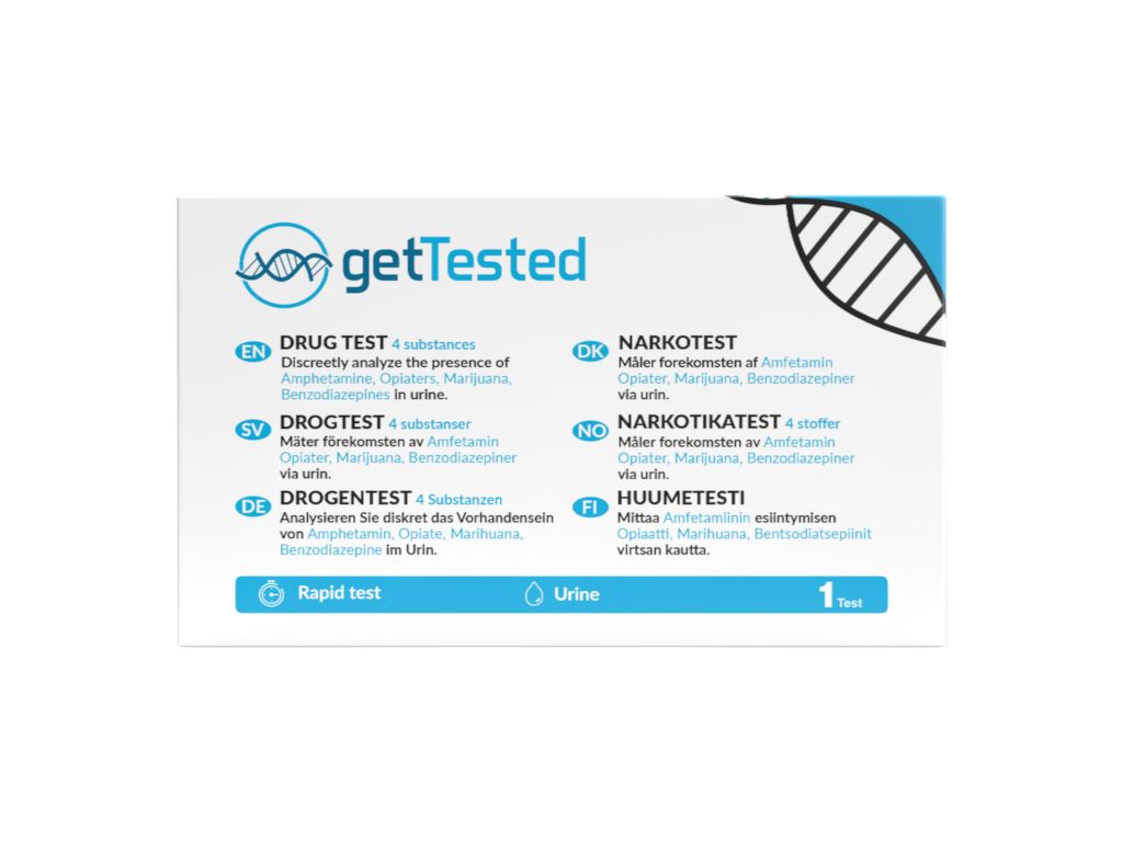Emballage avec nom du produit et informations. Contient Drug Test, Narkotest, Drogtest, Huumeetesti. 1 test.