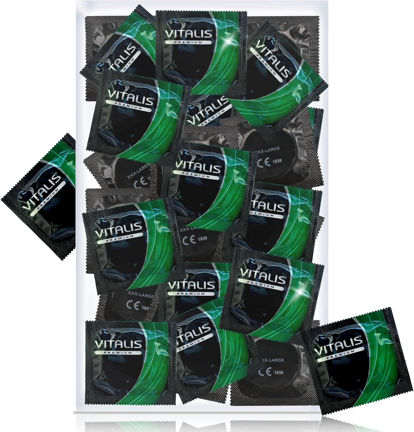 Pack de préservatifs Vitalis XXXL, 64mm. Emballés individuellement, emballage noir avec accents verts et sceau CE. Quelques paquets retirés.