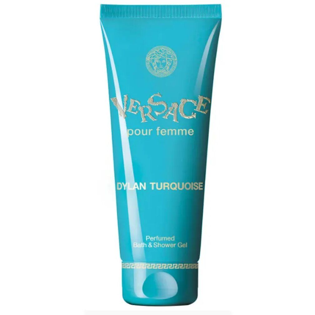 Tube turquoise. Inscription: Versace pour femme, Dylan Turquoise. Gel douche.