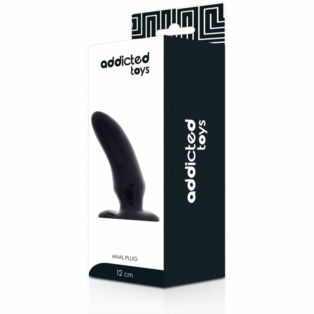 Plug anal noir en matière jelly flexible, 12 cm de long, représenté sur l'emballage.