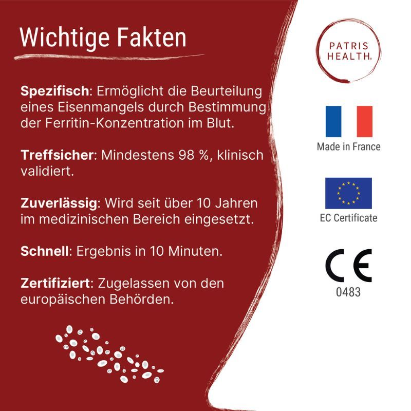 Belangrijkste feiten over de Patris Health® ijzertekort zelftest. Gecertificeerd, betrouwbaar, snel. Met CE-markering en herkomst Frankrijk.