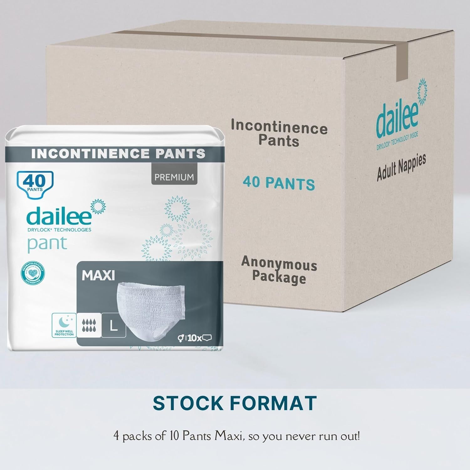 Dailee Pants Maxi, 40 stuks, maat L, in kartonnen doos.