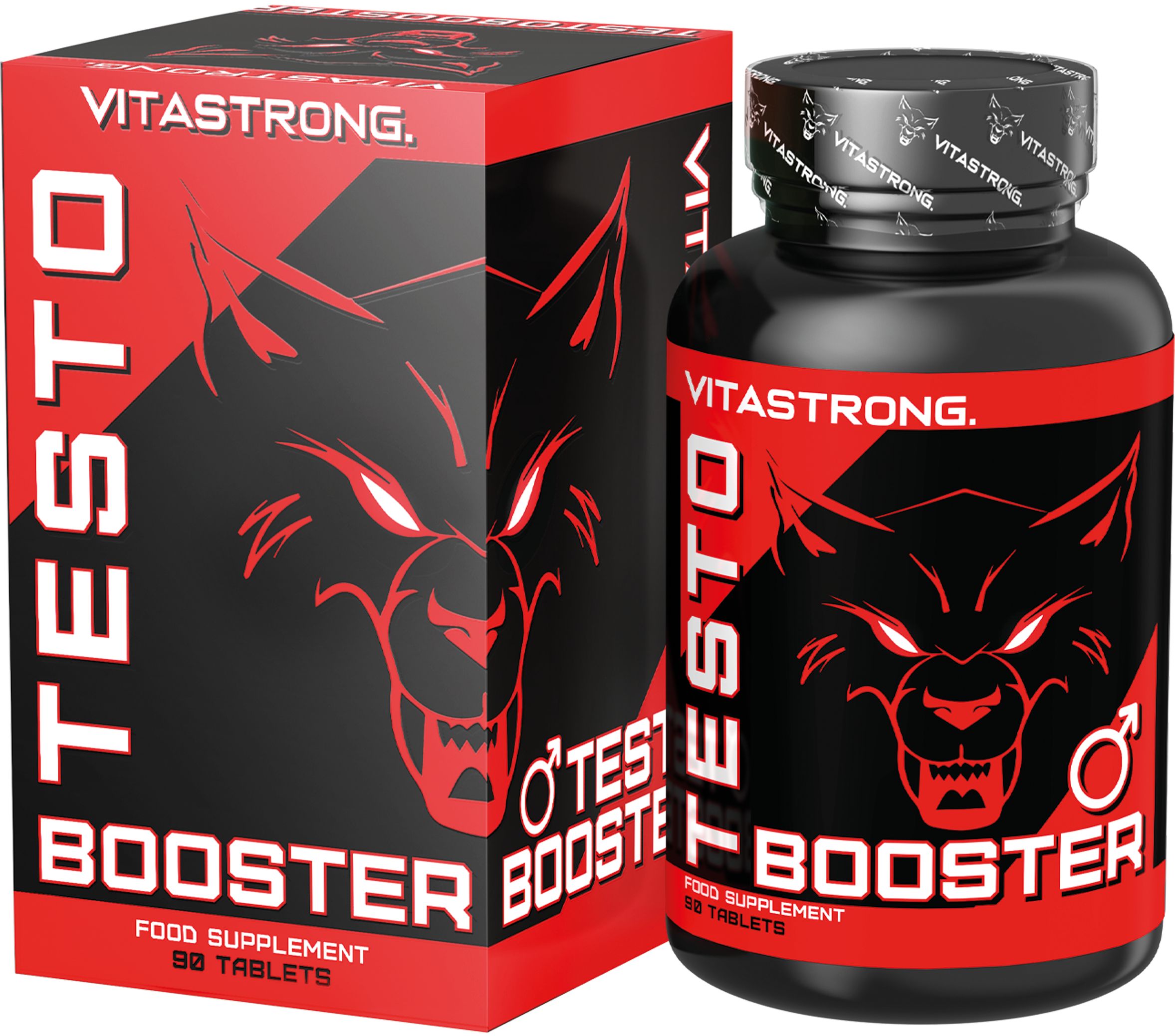 Bouteille et boîte Vitastrong Testobooster avec un design de tête de loup.