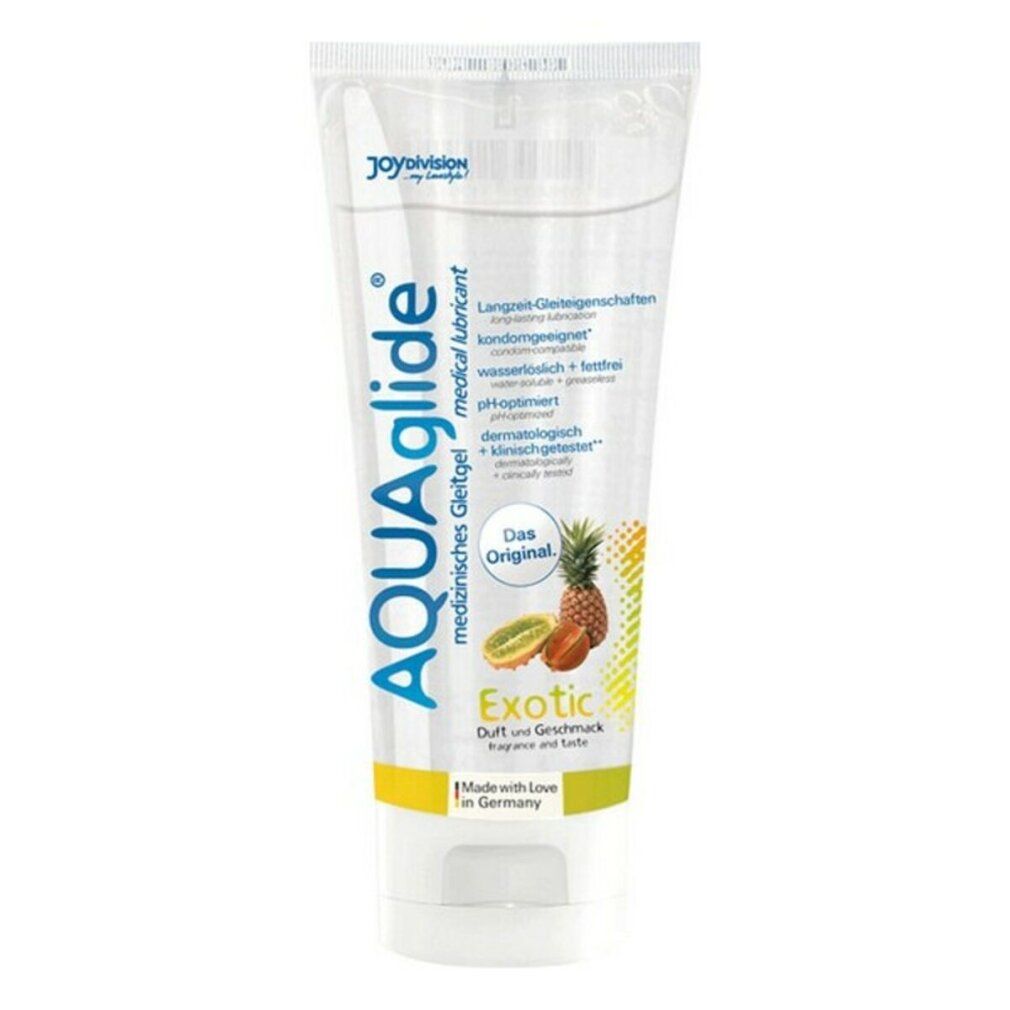 Tube transparent avec AquaGlide 2en1. Inscription Exotic, parfum et goût. Gel lubrifiant médical. Avec ananas et kiwi.
