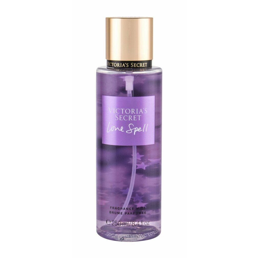 Flacon violet avec bouchon doré. Inscription: Victoria's Secret Love Spell. Vaporisateur.
