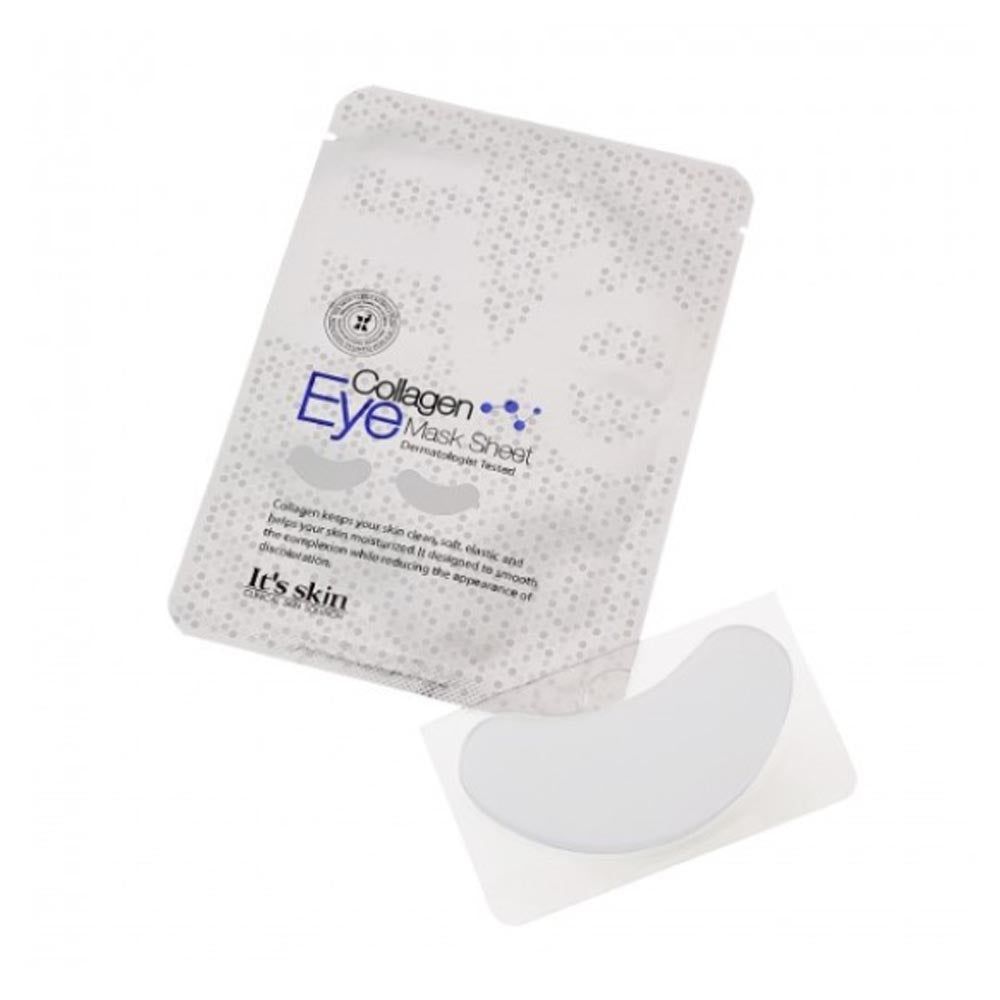 Emballage de masque pour les yeux. Inscription: Collagen Eye Mask Sheet. Marque: It's Skin. Un masque à côté.