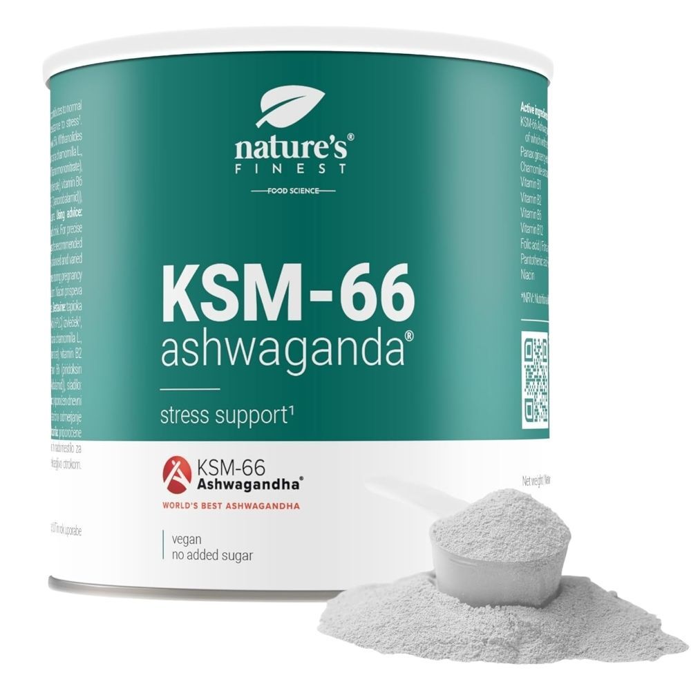 Boîte Nature's Finest KSM-66 Ashwagandha avec cuillère doseuse et poudre.