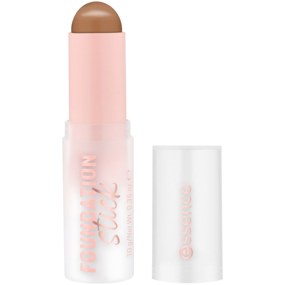 Essence Foundation Stick. Roze-witte behuizing met productnaam en merk. Dop verwijderd. 10 g/Net Wt. 0.35 oz.