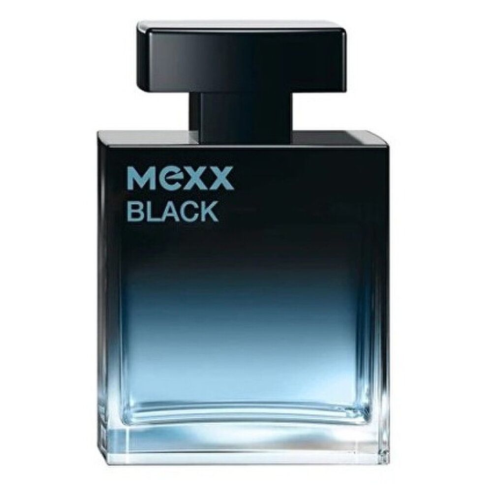 Zwarte fles met zwarte dop. Opschrift: Mexx Black. Kleurovergang van zwart naar blauw.