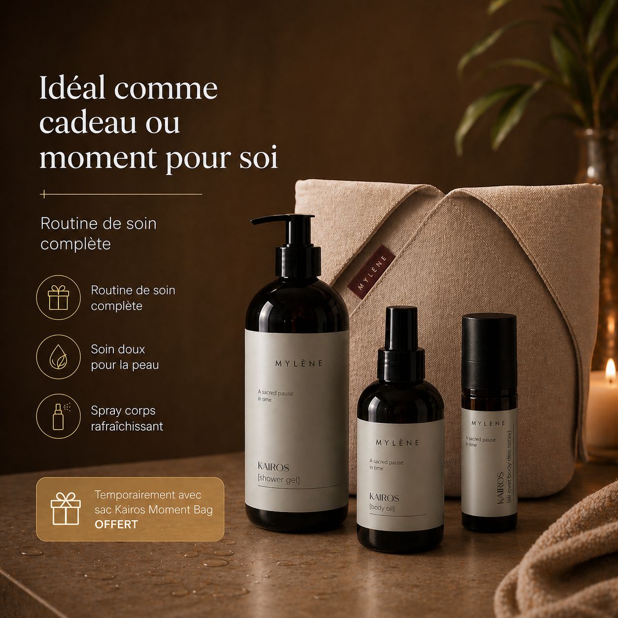 Gel douche, huile corporelle et déodorant roller Kairos avec trousse.
