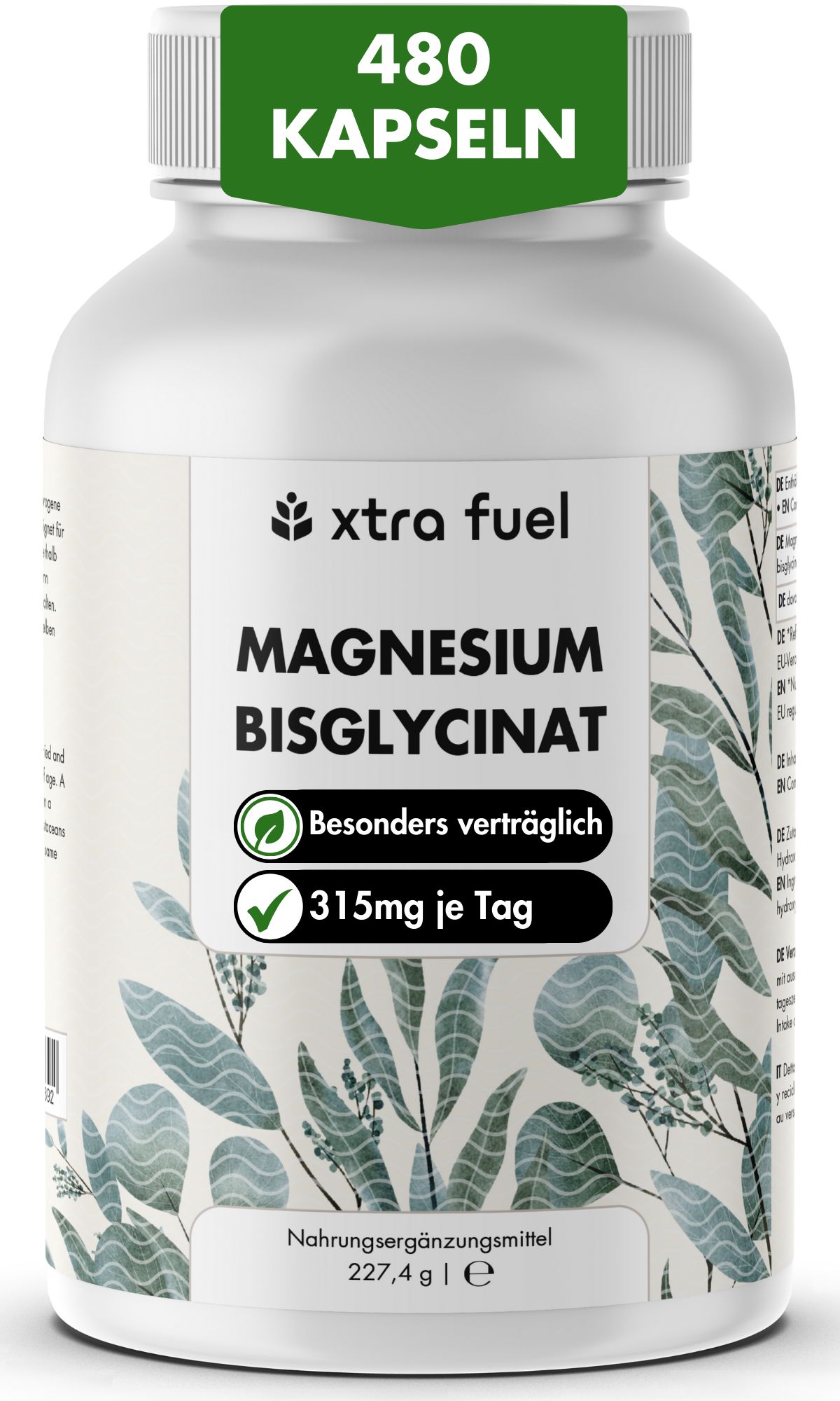 Flacon blanc de gélules. Inscription: XTRA FUEL Magnesium Bisglycinat. 480 capsules.