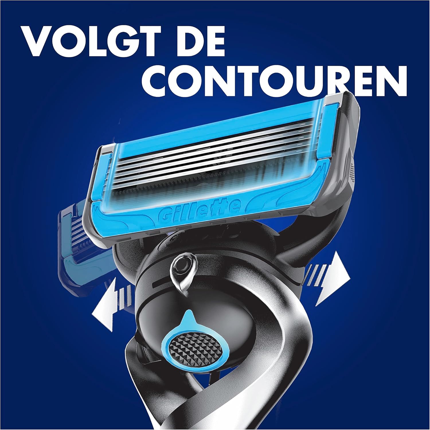 Gillette scheermes met vijf mesjes en blauw frame. Beweegbare kop met zilverkleurig handvat.
