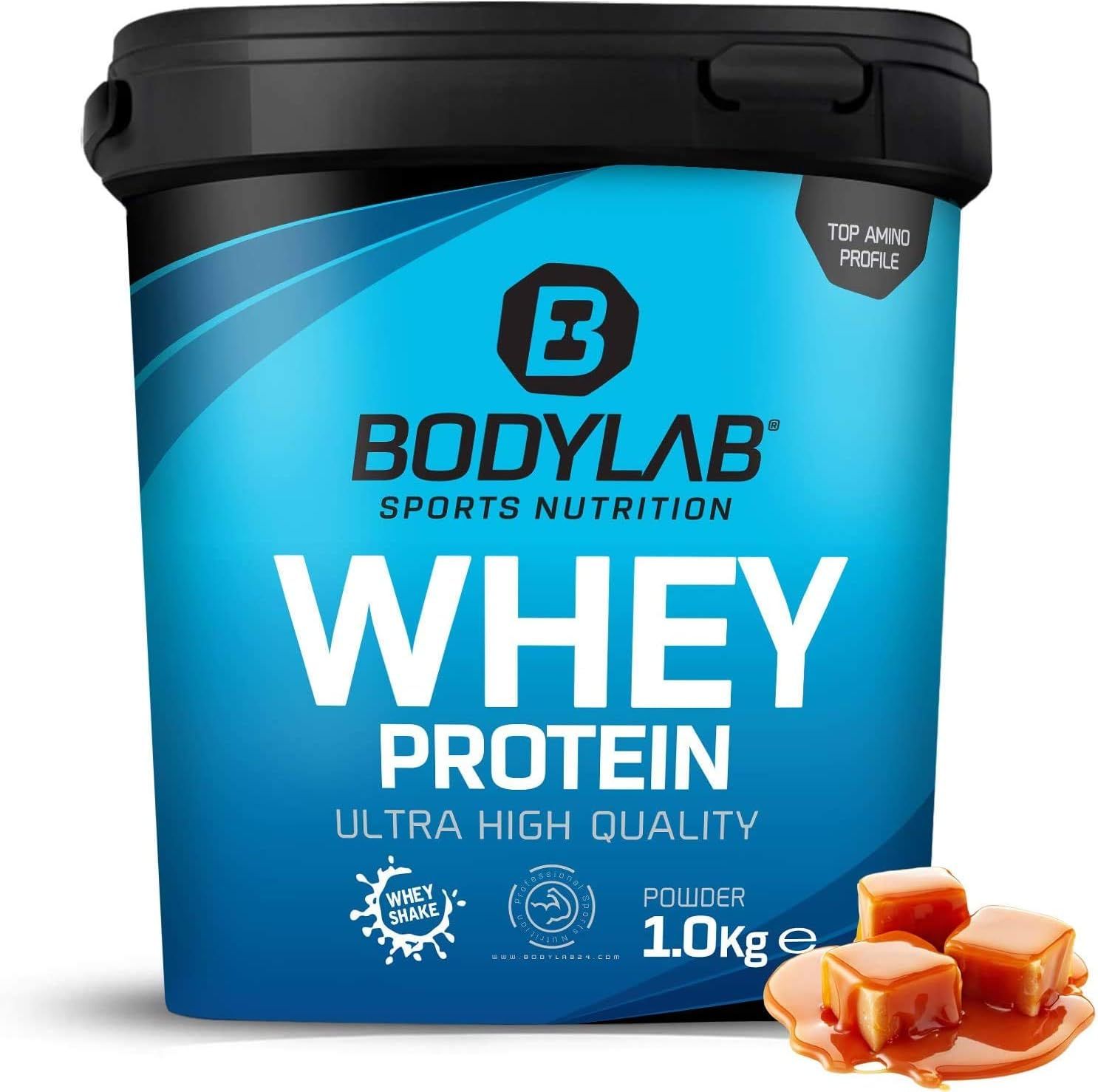 Bodylab24 Whey Protein Poeder, Salty Caramel, 1.0kg emmer met karamelstukjes.