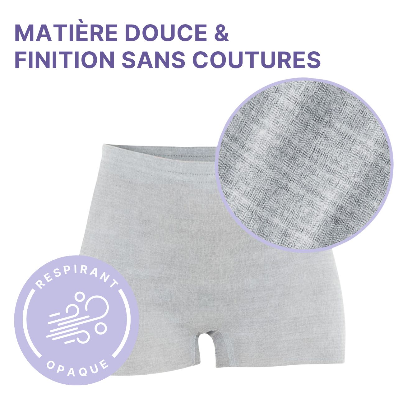 Shorty post-partum gris. Taille haute, sans coutures, extensible et opaque. Pour un confort maximal après l'accouchement.