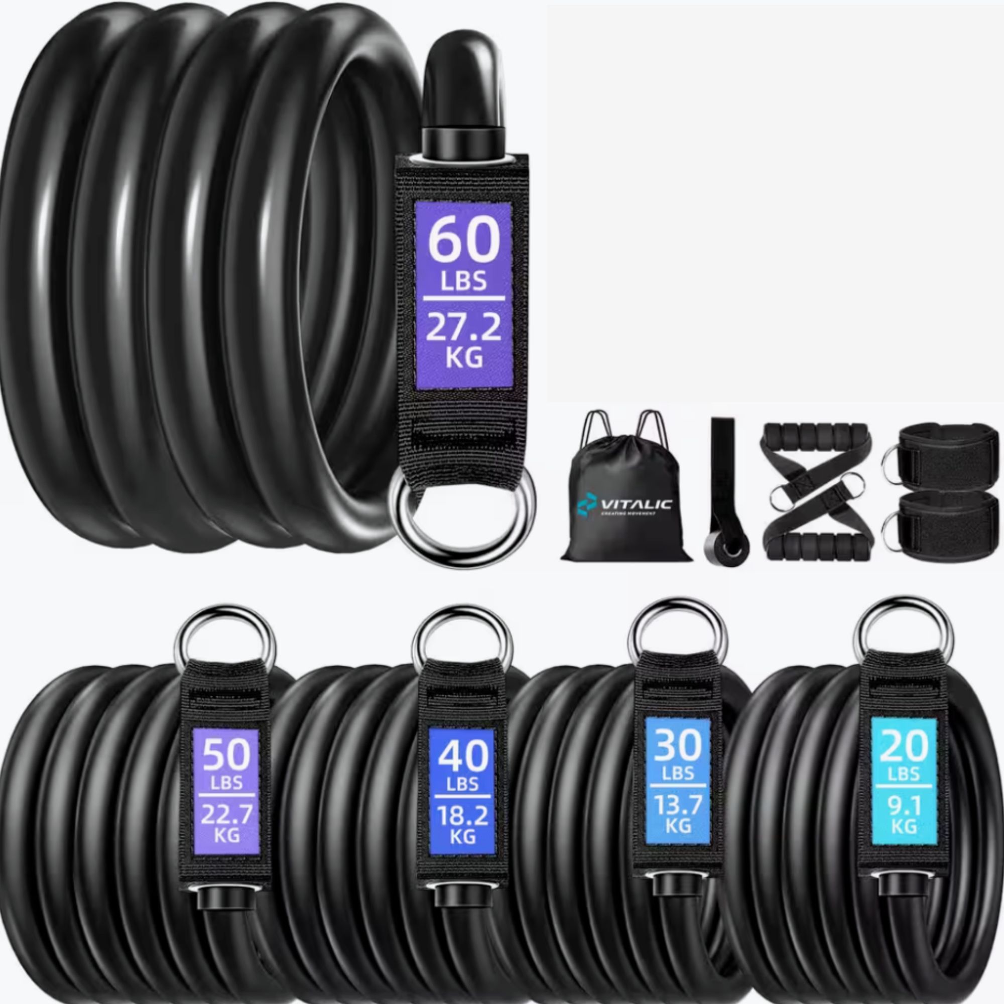 Ensemble de bandes de résistance noires avec poignées. Accessoires et sac de transport inclus. Poids : 20-60 lbs.