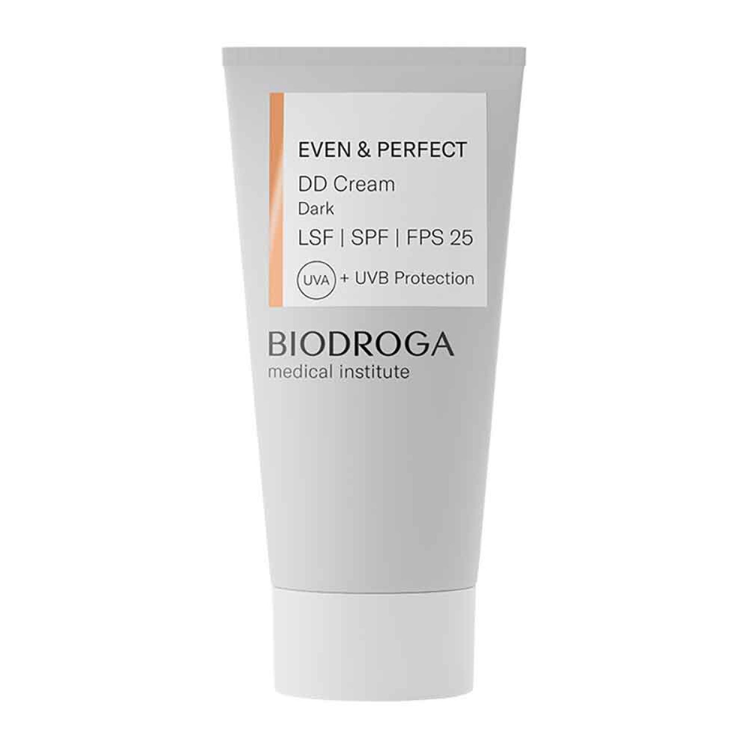 Crèmetube met etiket. Tekst: Even & Perfect DD Cream Dark, LSF, SPF 25, UVA + UVB Protection. Merk: BIODROGA.