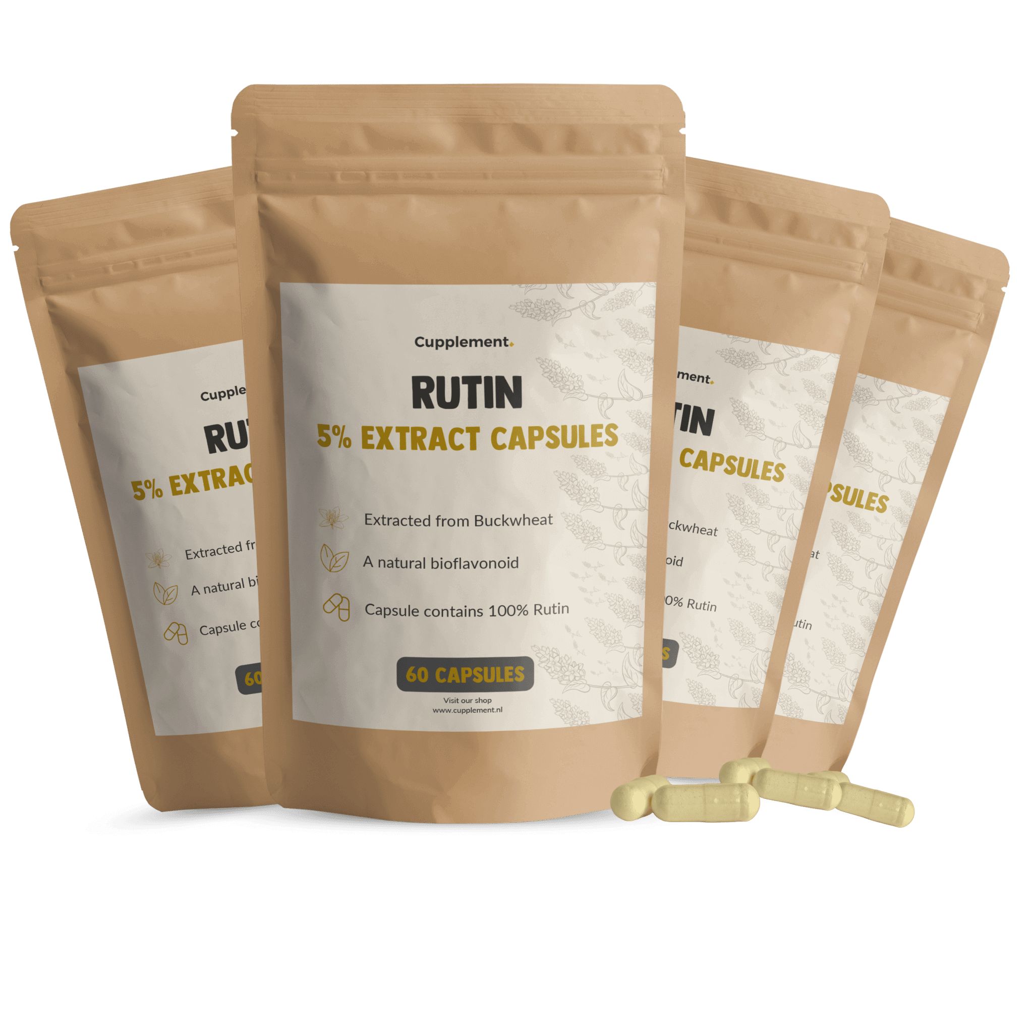 Sachets de gélules. Inscription : Rutin 5% Extract Capsules. 60 gélules. Gélules jaunes à côté.