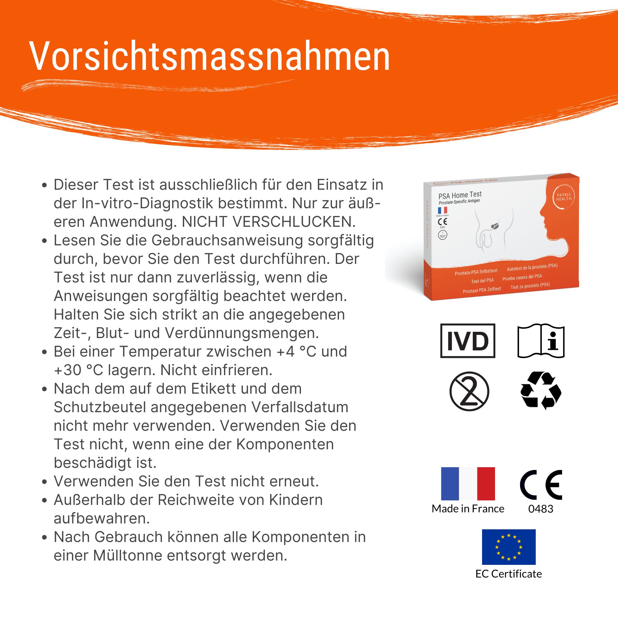 Précautions pour le test Patris Health® Prostata-PSA. Texte et emballage du produit.