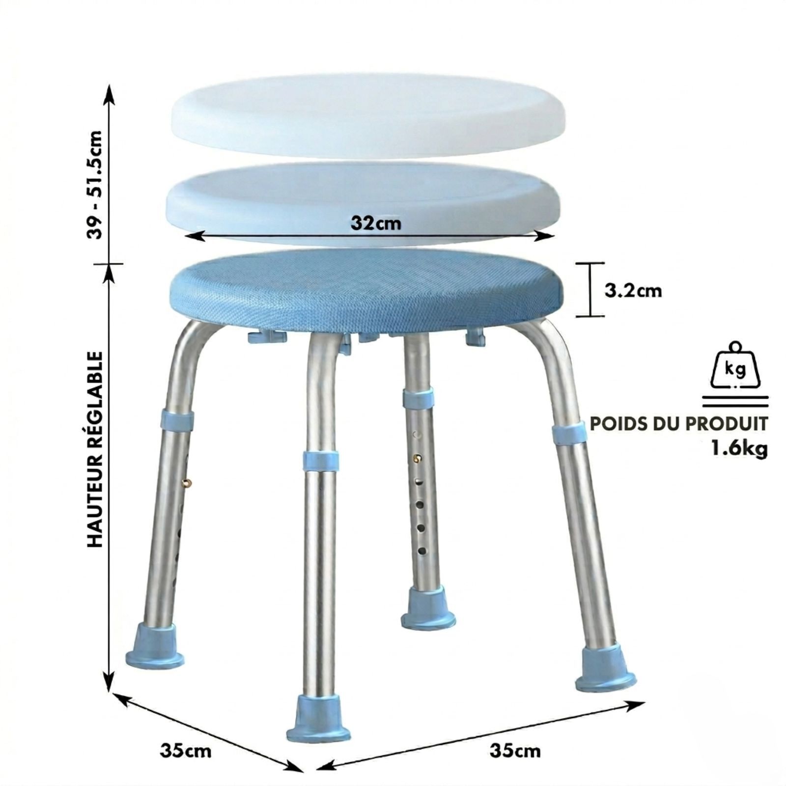 Tabouret de douche avec dimensions. Hauteur 39-51,5cm, diamètre 32cm. Poids 1,6kg. Réglable.