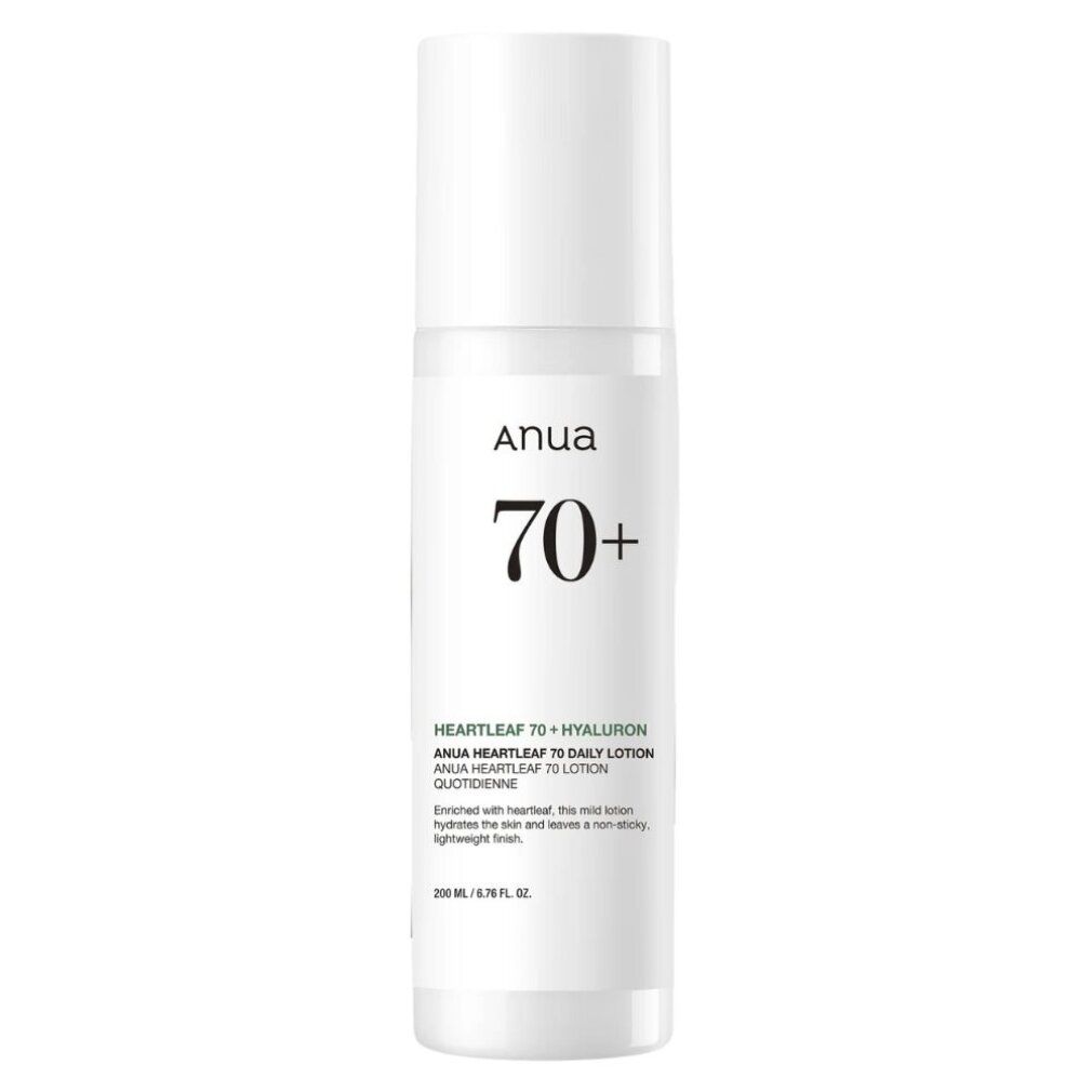 ANUA Heartleaf 70+ Hyaluron Lotion fles met gedetailleerde productomschrijving en 200ml aanduiding.