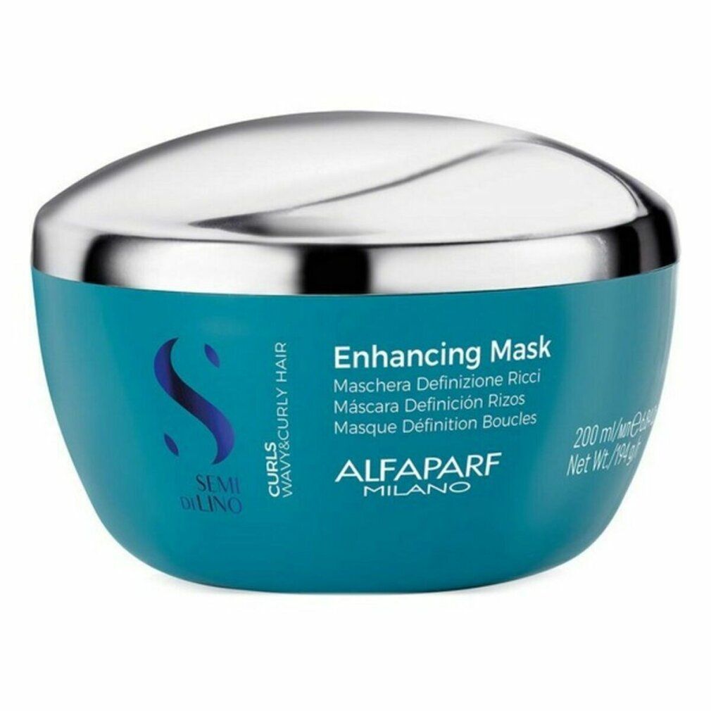 Pot bleu et argenté avec couvercle. Inscription : Alfaparf Milano, Semi Di Lino, Enhancing Mask.
