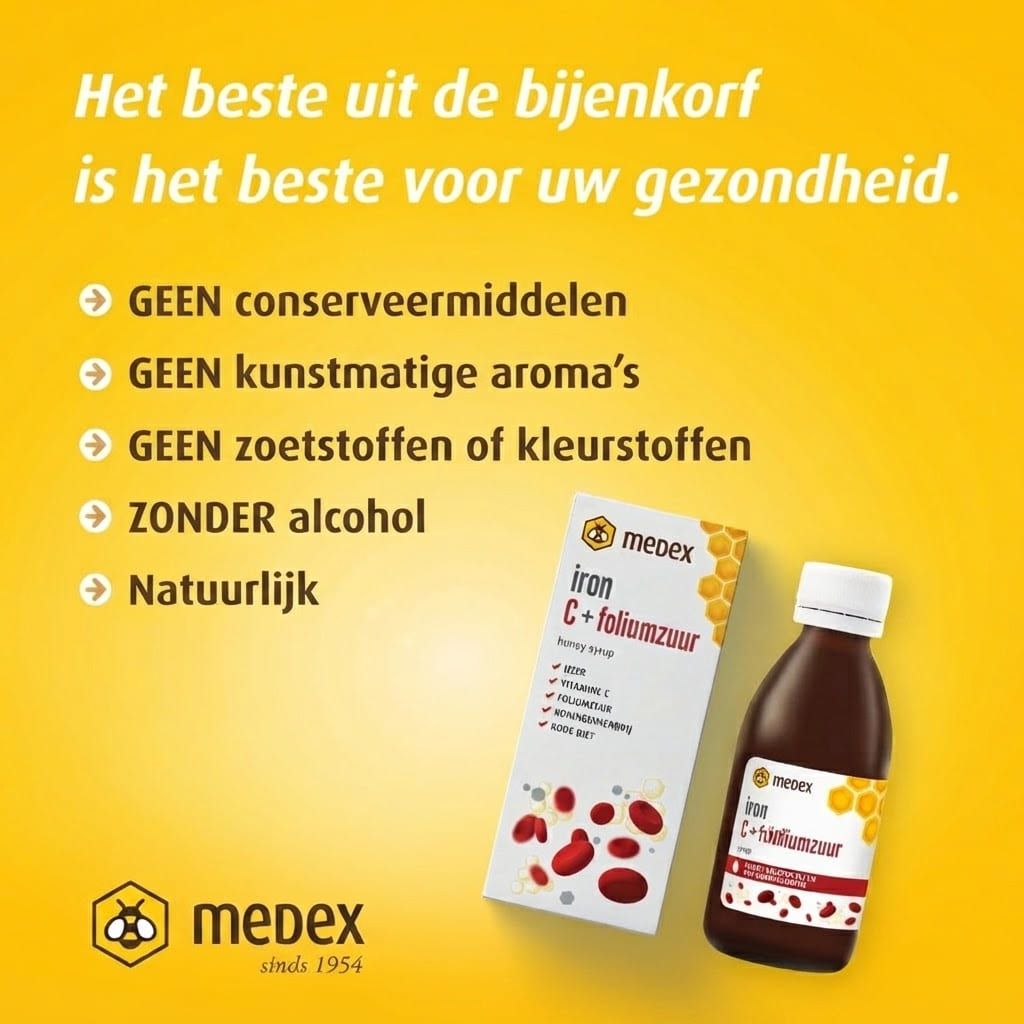 Medex IJzer C + Foliumzuur Siroop: Fles en doos van het product met iconen voor propolis, koninginnengelei en vitamine C. Nadruk op ijzeropname en foliumzuur.