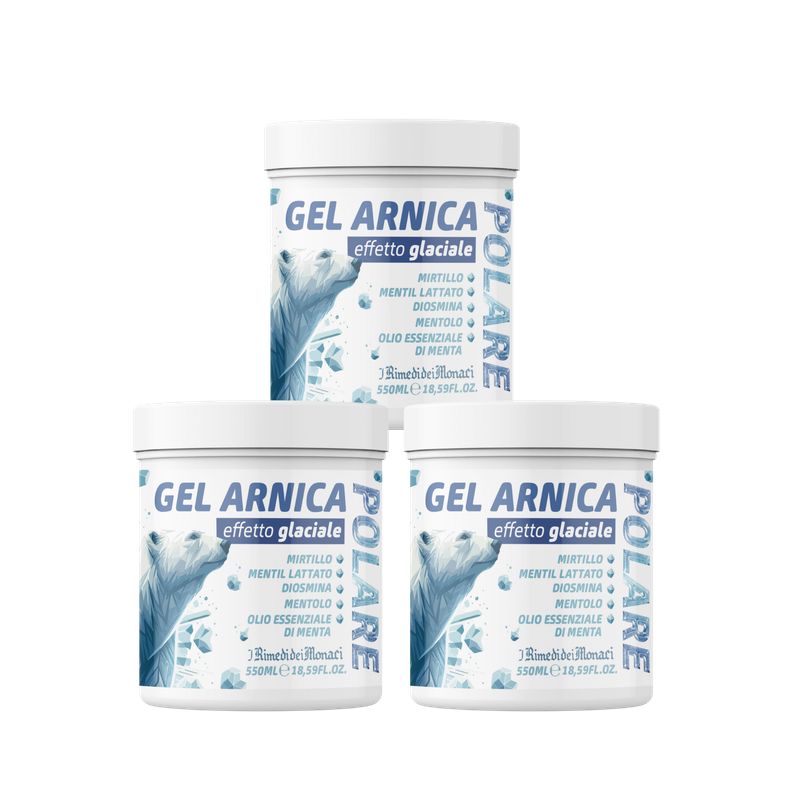 Drie witte potten met blauw etiket. Opschrift: GEL ARNICA, effetto glaciale. Afbeelding van een ijsbeer. Tekst in het Italiaans.