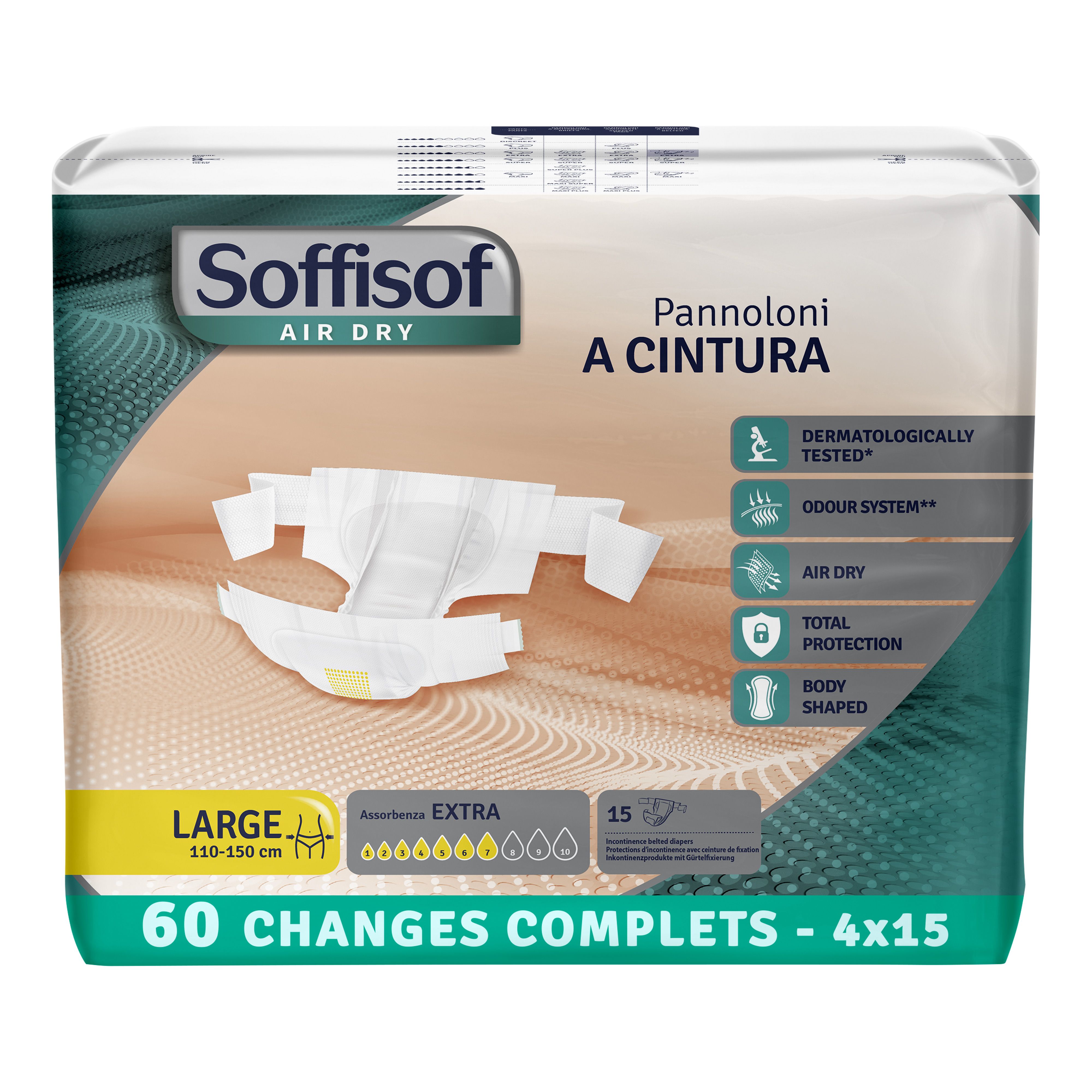 Soffisof, protection contre l'incontinence avec ceinture. Couple âgé s'embrassant. Texte: Protection et confort garantis.