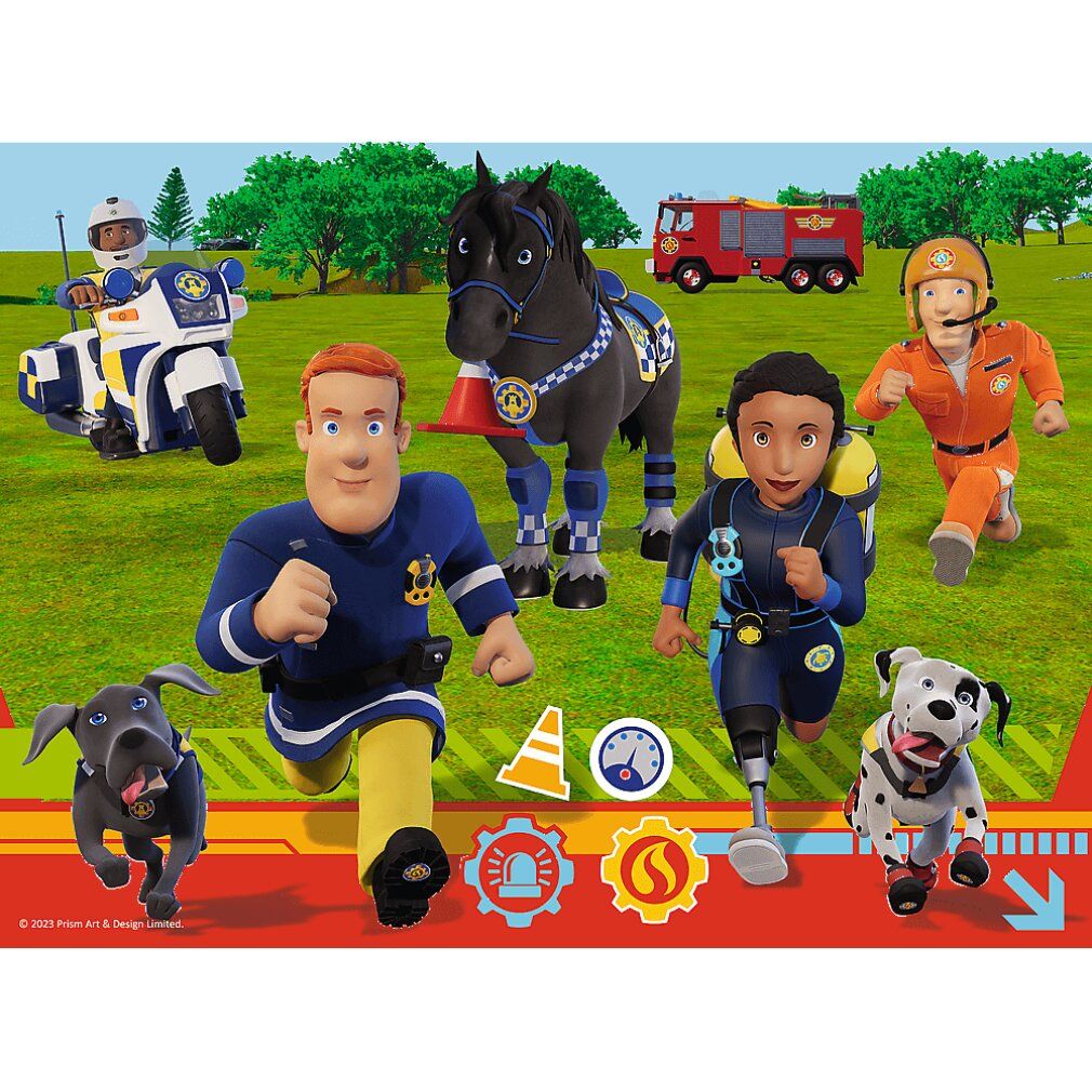 Puzzel met brandweer thema. Figuren van Sam de brandweerman, paard, honden, politiemotor en brandweerwagen op groene achtergrond.