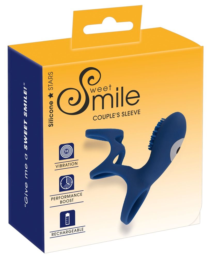 Emballage pour Sweet Smile Couple's Sleeve, bleu avec boîte jaune.